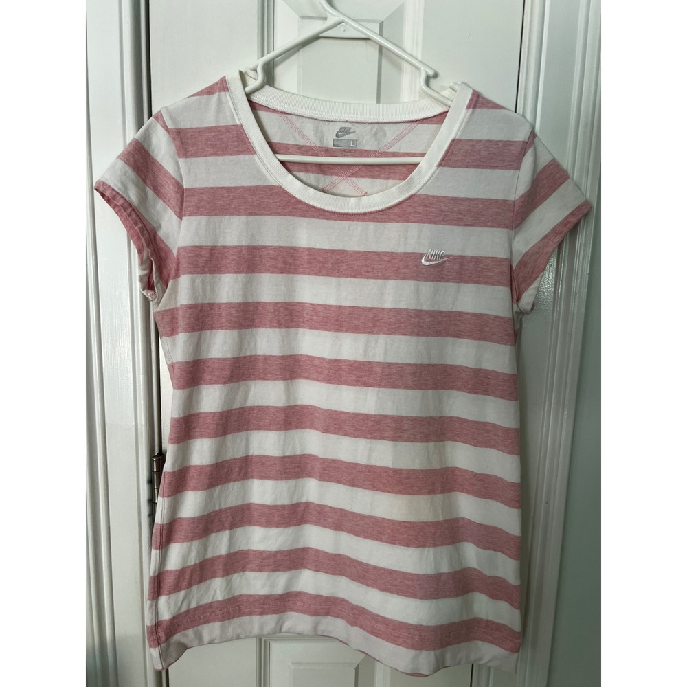 Nike Womens Pink White Striped Scoop Neck Short Sleeve T-Shirt RN56323 Large